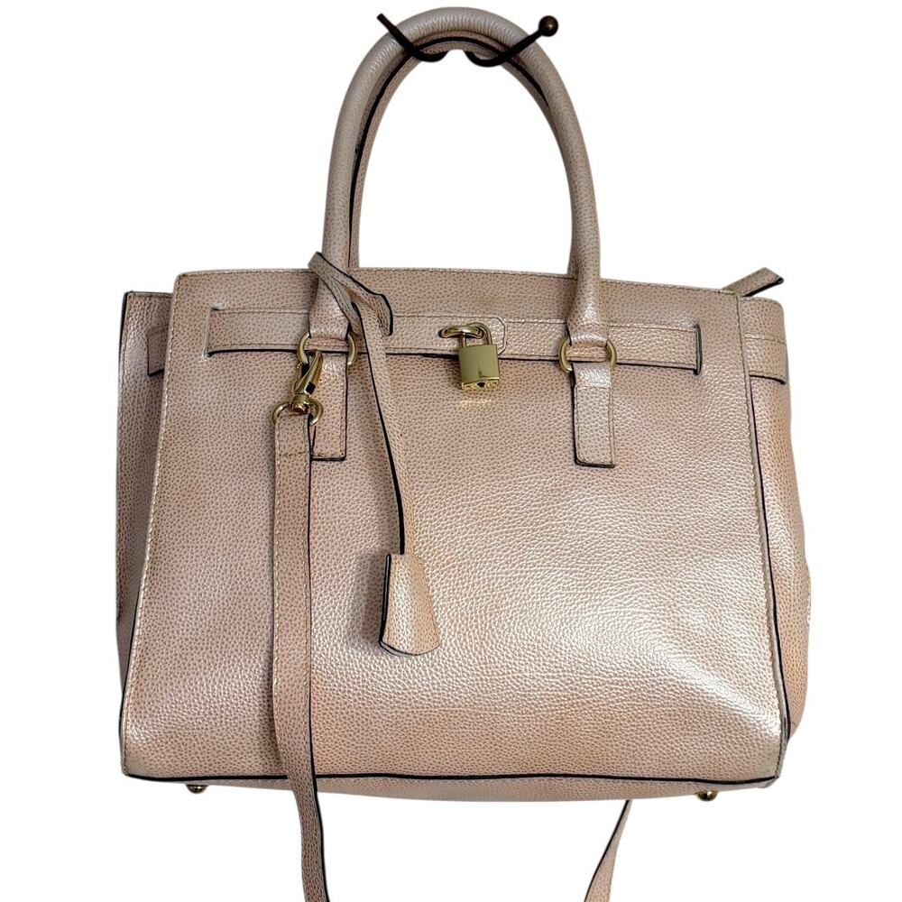 Manifatture Campane Italian Pebble Leather Satchel Bag Blush Champagne Lock Tote